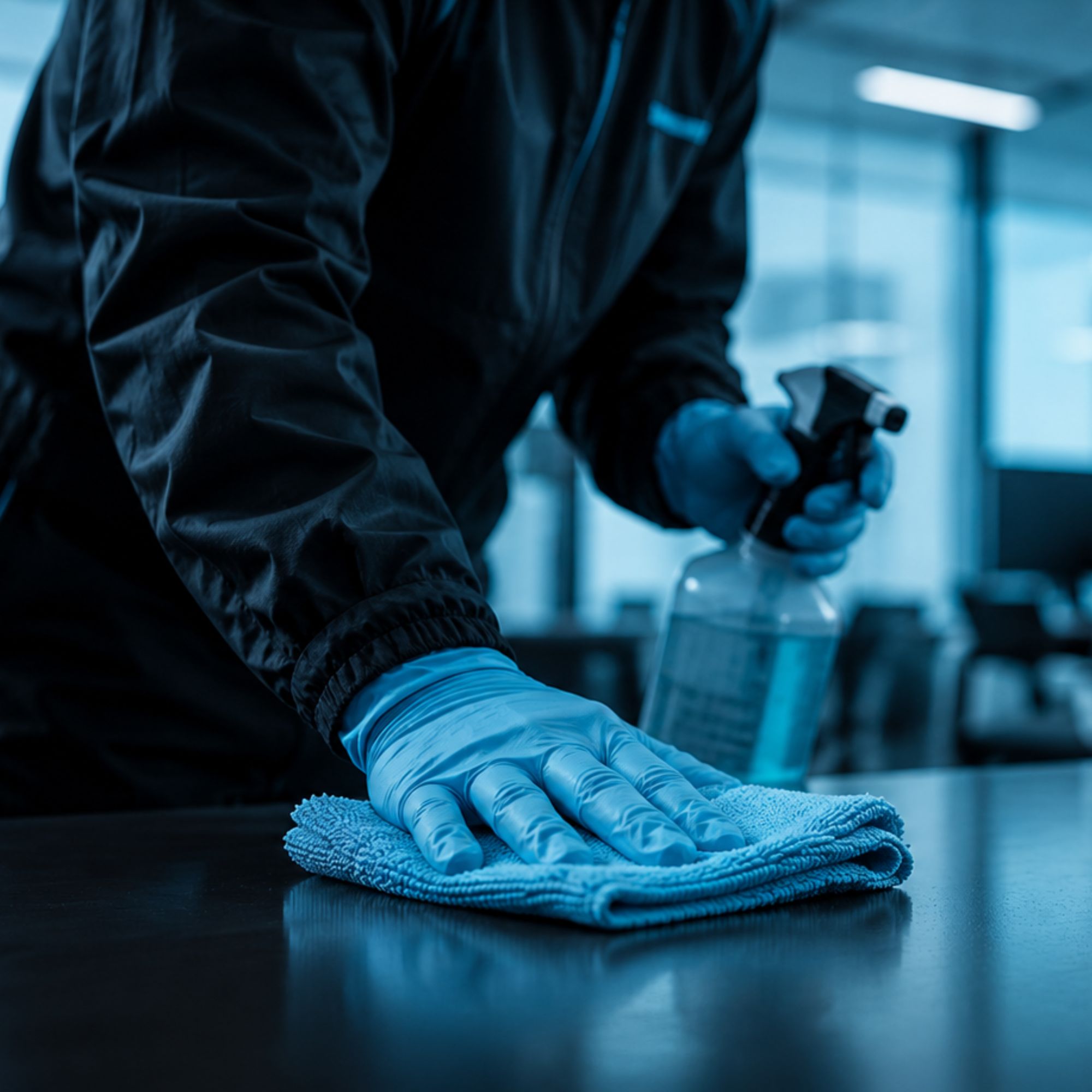 Desinfektionsreinigung Reinigungskraft desinfiziert Arbeitsflächen in einem modernen Büro.