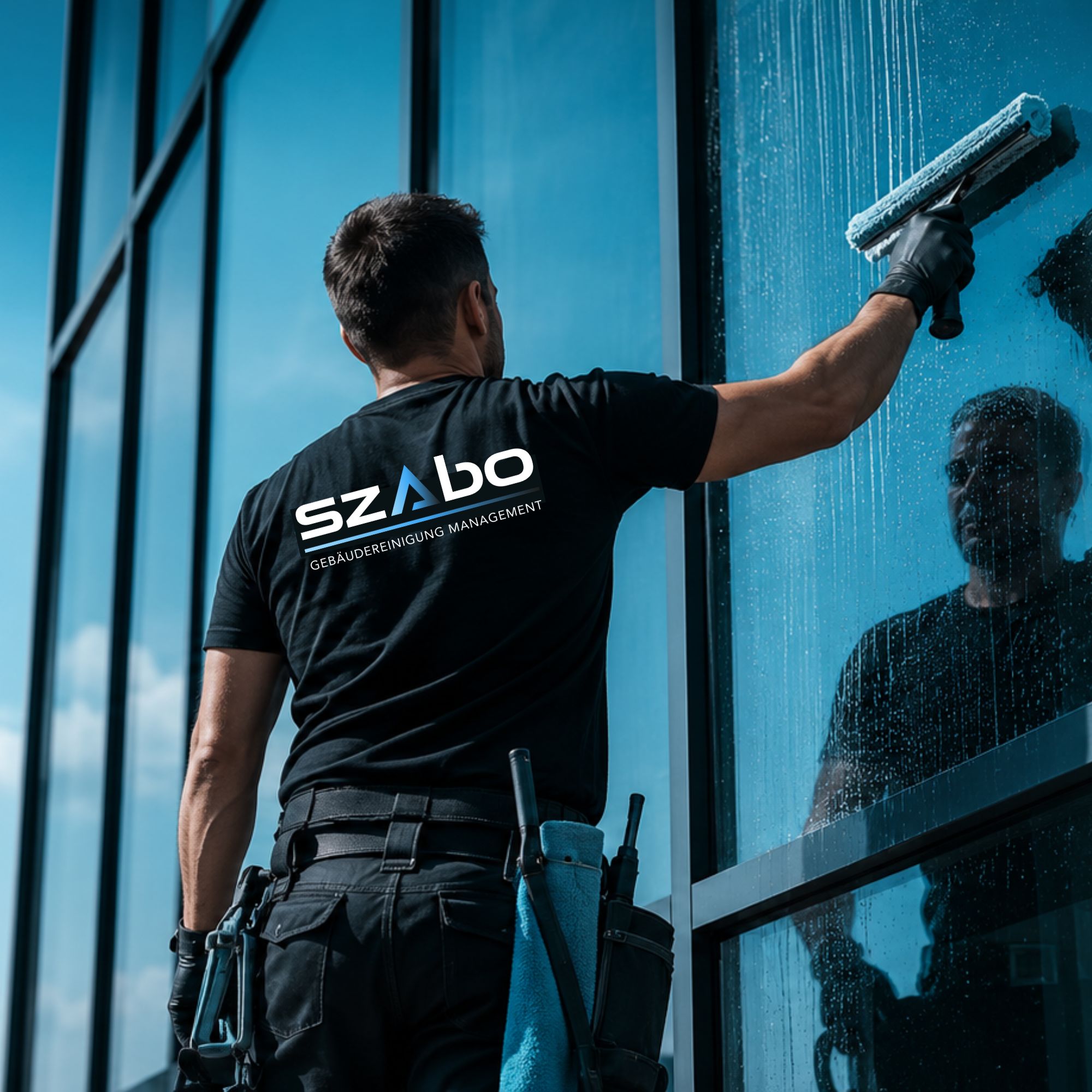 Fensterreinigung Fensterreiniger reinigt eine moderne Glasfassade mit professionellem Equipment.