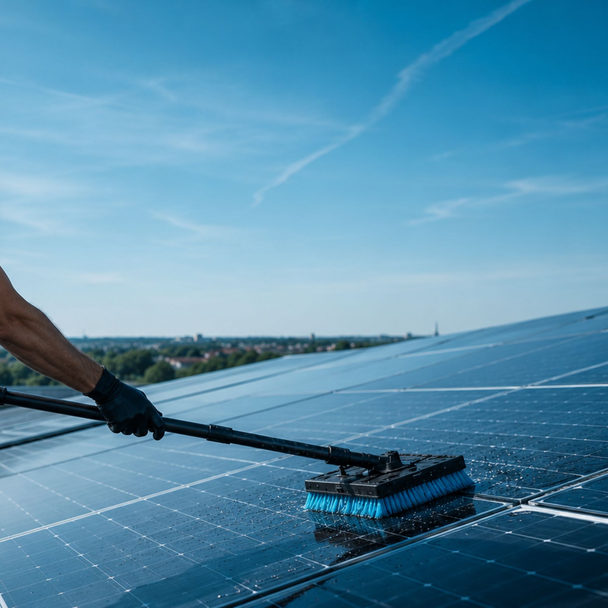 Solaranlagenreinigung Fachkraft reinigt Solarmodule auf einer Photovoltaikanlage.